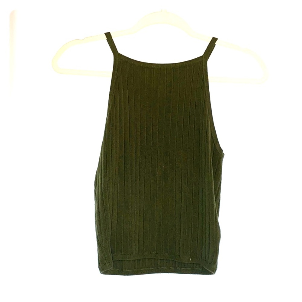 Green Ribbed High Neck Tank Top